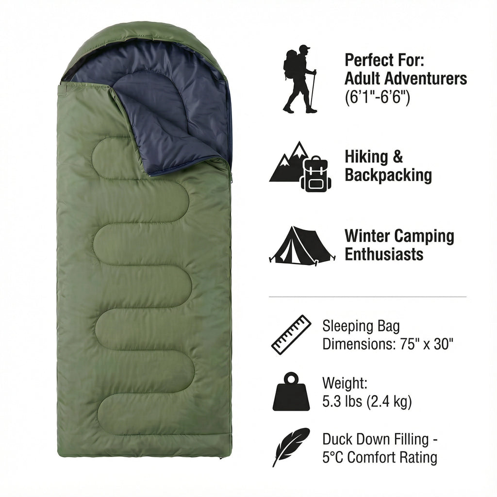 Green Duck Down Sleeping Bag for Tall Adults (75" + 12")
