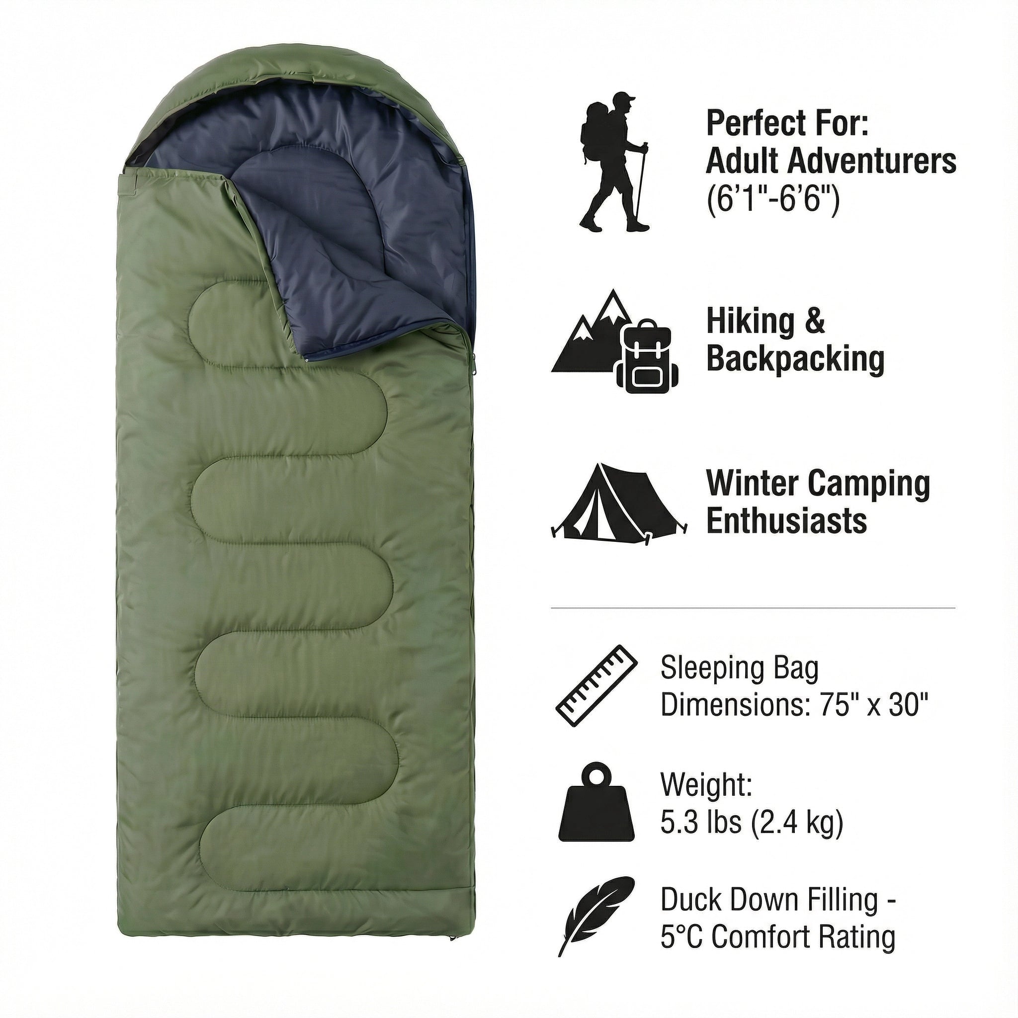 Green Duck Down Sleeping Bag for Tall Adults (75" + 12")